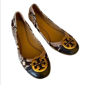 Womens size 7.5 Tory Burch Minnie Cap-Toe Python -Print Ballet Flats